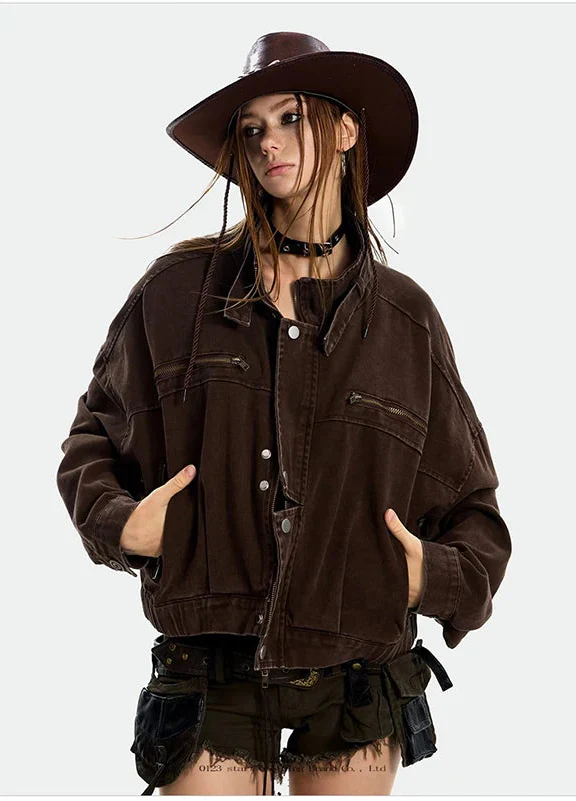 Streetwear Slim Fit Cropped Zipper Denim Jacket - Luxuryurbanwear