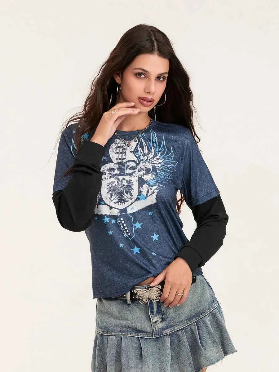 Women Patchwork Gothic Crew Neck T-Shirt