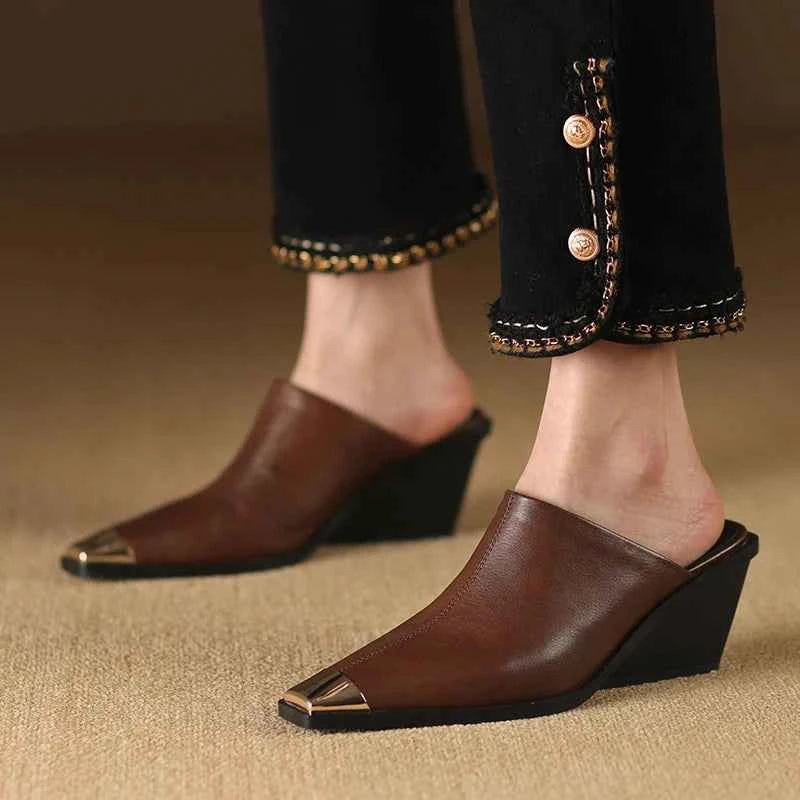 LUW "Metal-Head" Genuine Leather Mules - Luxury Med-Heel Summer Wedges