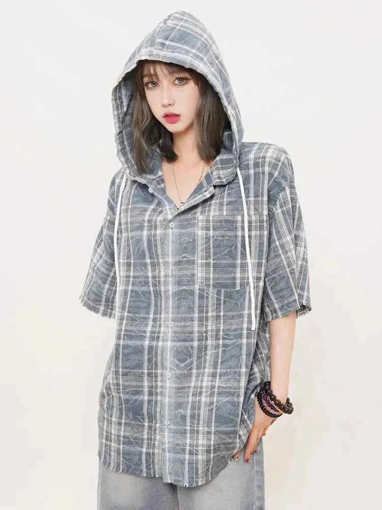 Women Hip Hop Retro Plaid Loose Hooded Blouse Shirt