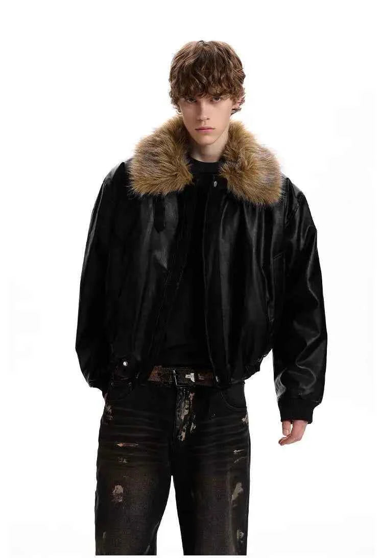 Luxury Faux Fur Lapel Leather Padded Jacket