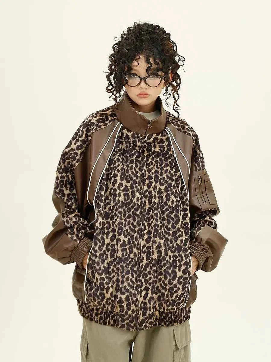 Leopard Print Splicing PU Leather Jacket
