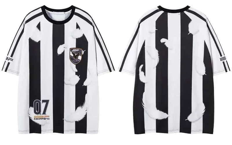 Feather Print Mesh Stripe Sport Polyester T-Shirt