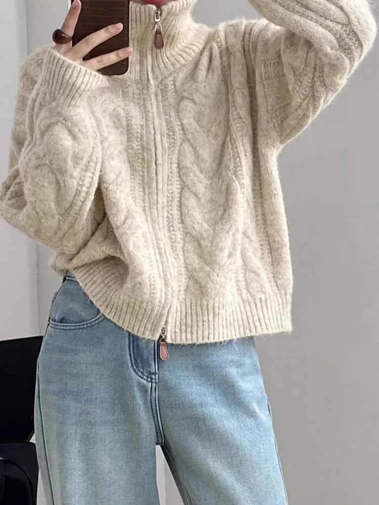 Soft Waxy High Neck Zipper Sweater