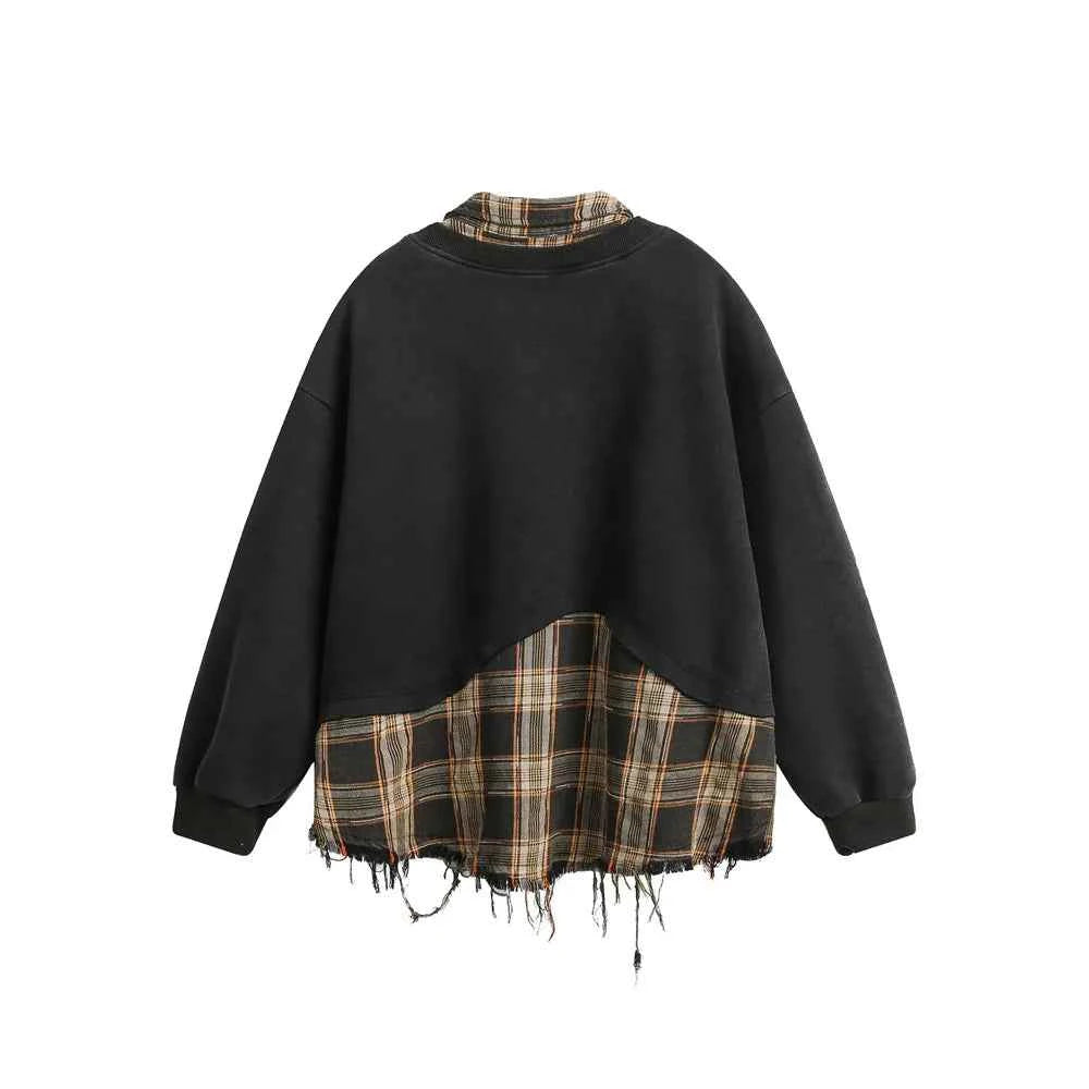 Embroidery Spliced Long Sleeve Ripped Sweatshirt