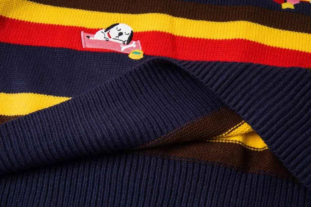Embroidered Crew Neck Collar Contrast Paneled Striped Sweater