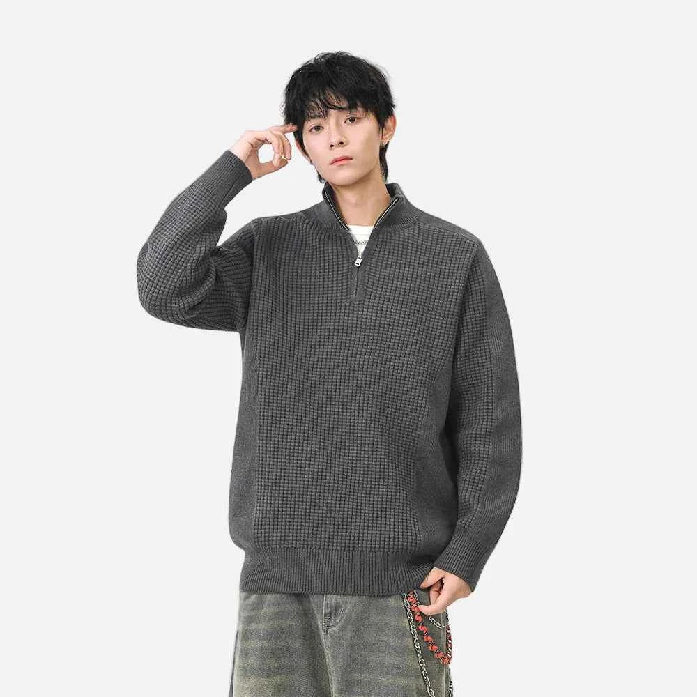 Cozy Mock Neck Half Zipper Waffle Knit Sweater