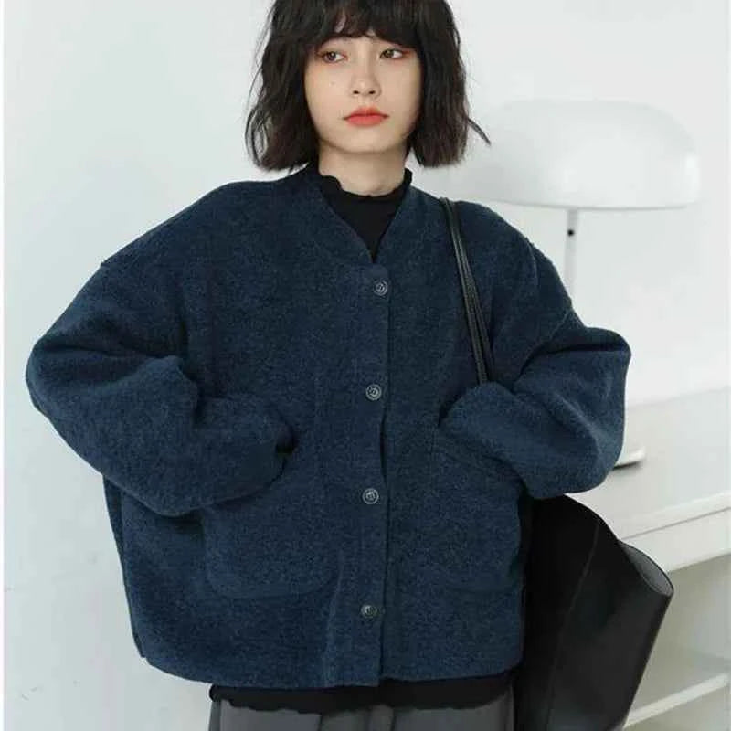 Women Classic Vintage Navy Blue Warm Cardigan