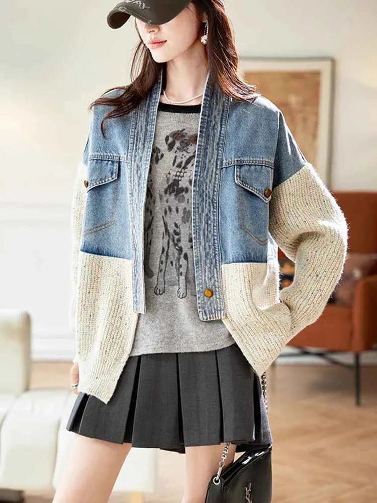Oversized V-Neck Knitted Loose Denim Jacket