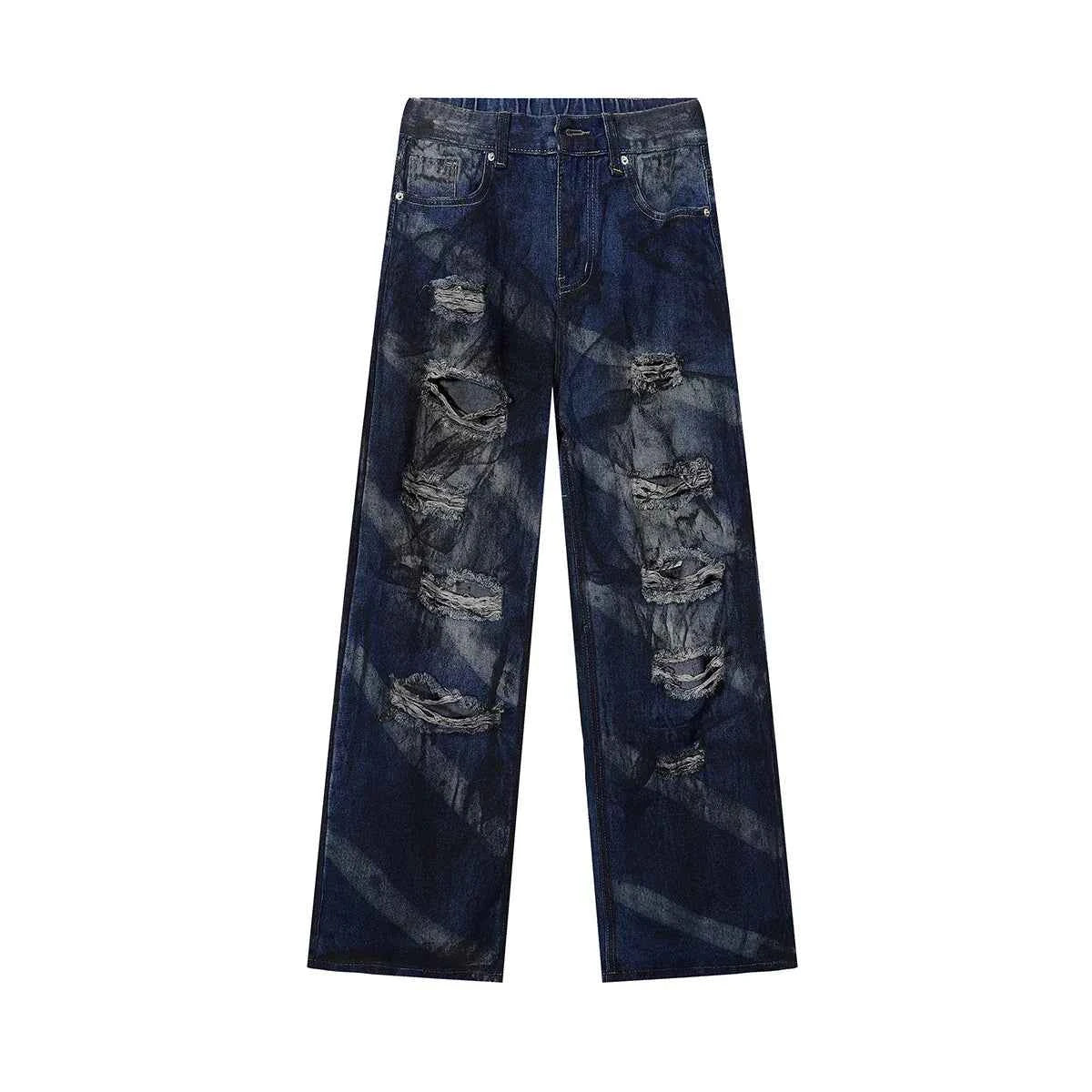 Front view of model wearing vintage distressed ripped blue denim jeans with baggy fit