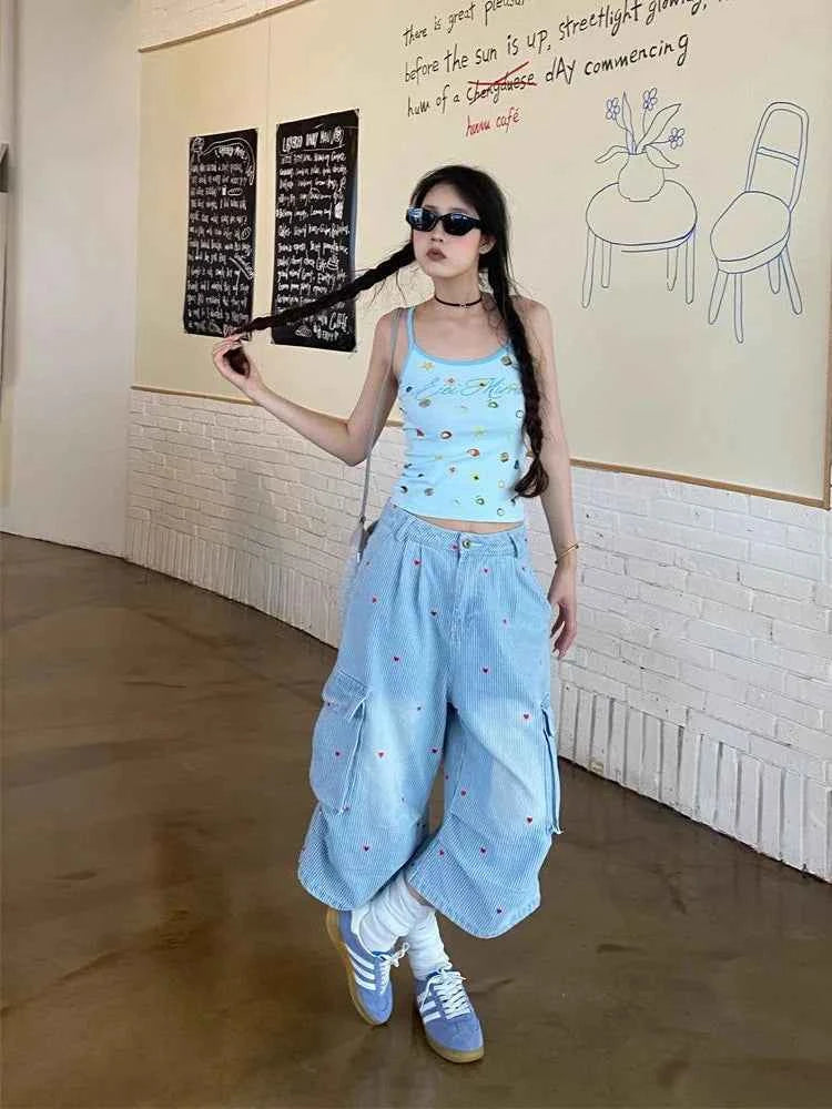 Chic Striped Heart Embroidery Cargo Jorts - Baggy Wide-Leg Denim Shorts