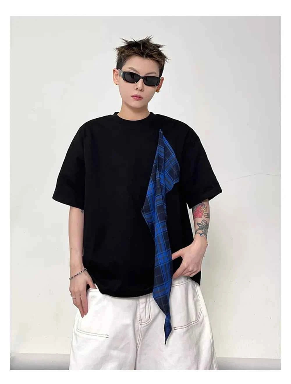 Streetwear Loose Plaid Patchwork Crew Neck T-Shirt