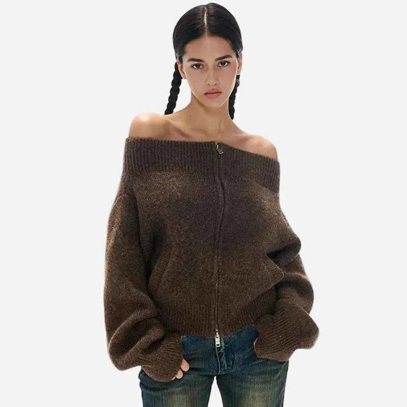 Soft Slash Neck Knitted Off Shoulder Cardigan