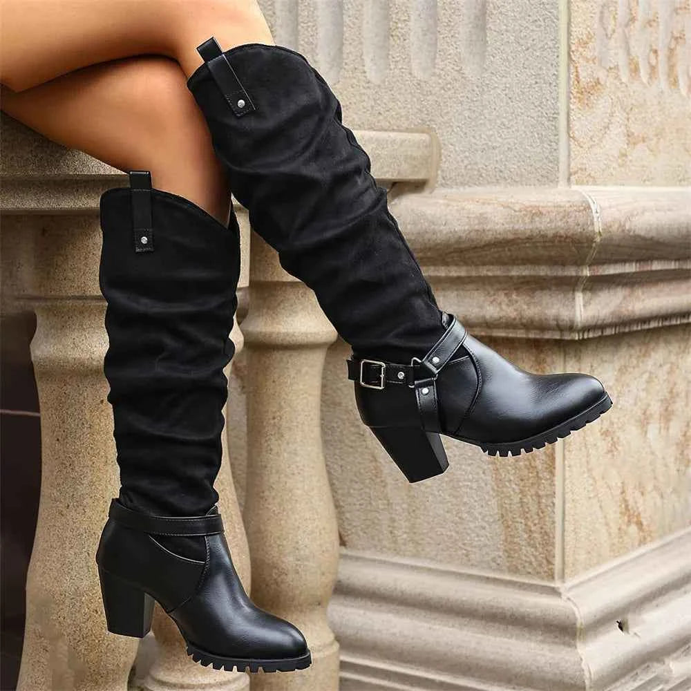 Vintage Buckle Belt Knee High Boots