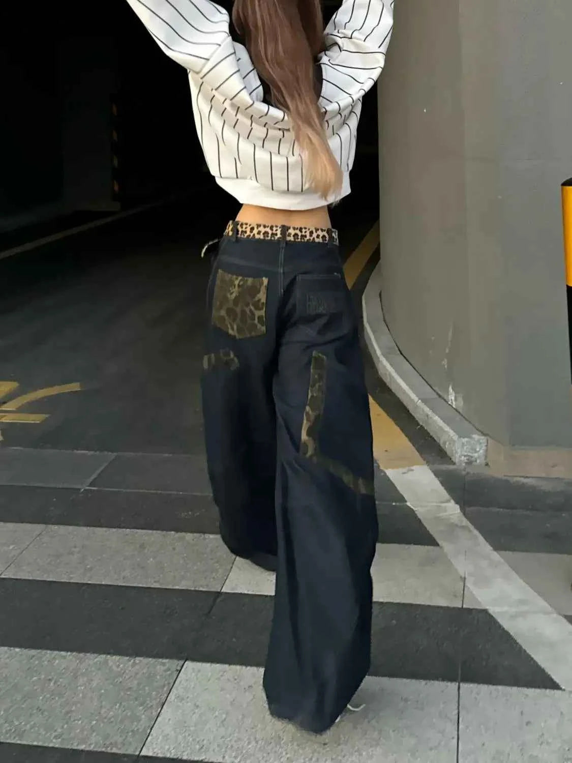 Chic Leopard Spliced Hip Hop Cargo Jeans