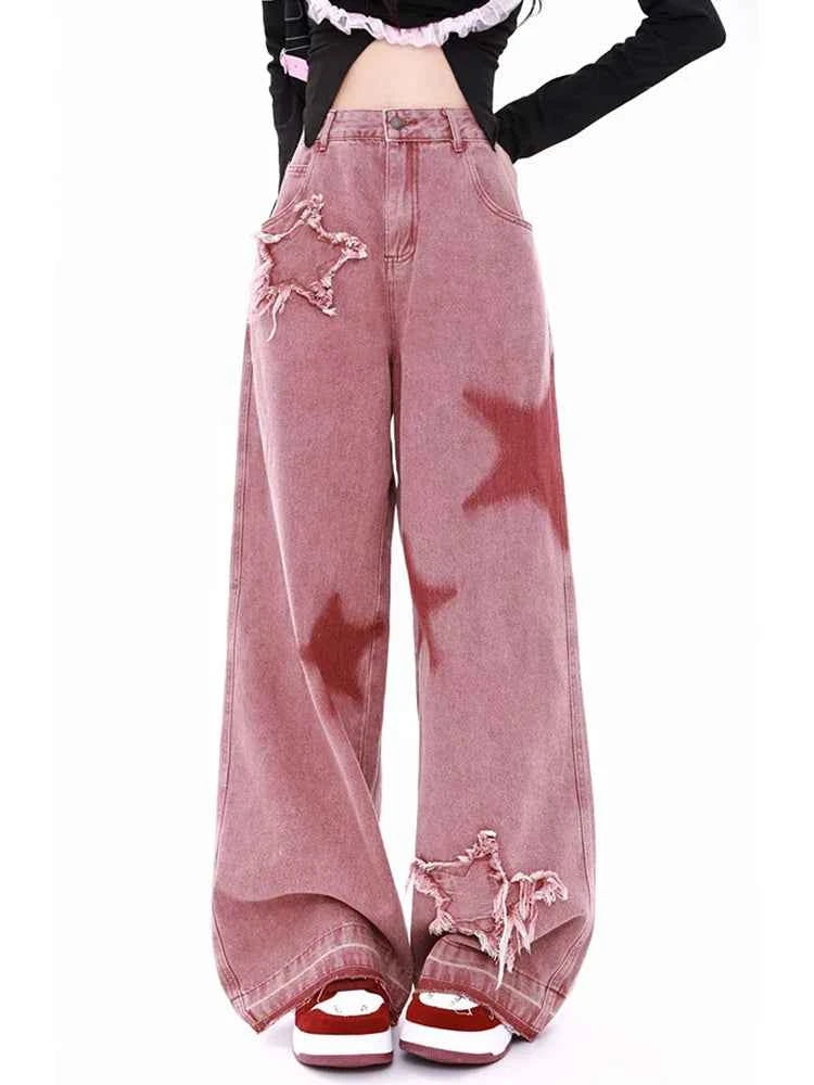 Women Star Pink Letters Printed High Waisted Jeans