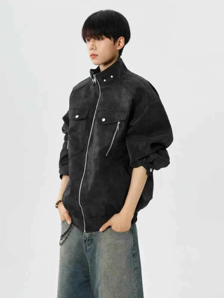 Solid Color Stand Collar Zipper Jacket
