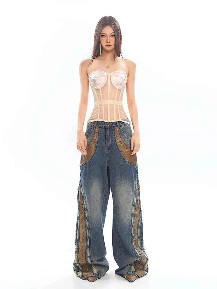 Retro Patchwork Leather Studded Distressed Jeans