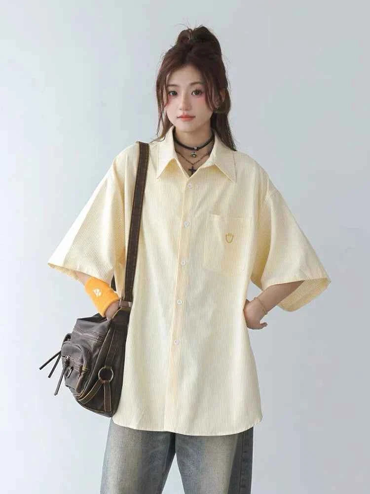 Women Streetwear Vintage Cute Yellow Striped Loose Shirt