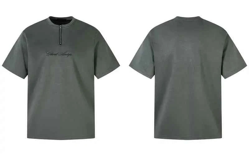 Suede Embroidered Zipper Short Sleeve T-Shirt