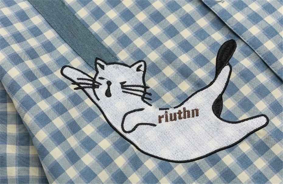 Y2K Plaid Cat Embroidery Casual Short Sleeve Shirt