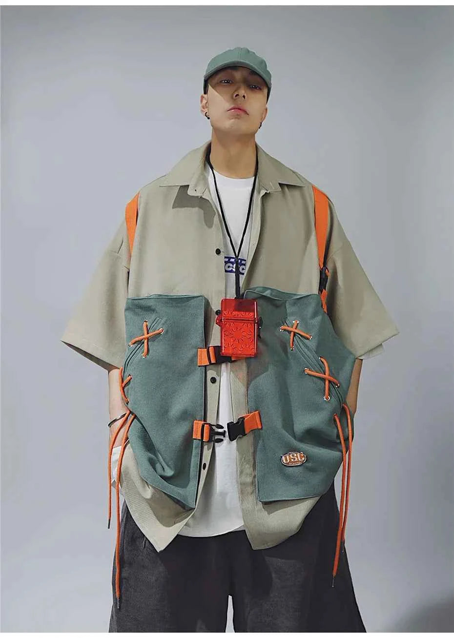 Vintage Patchwork Cargo Short Sleeve Shirt