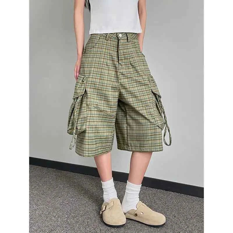 Comfortable Y2K Plaid Print High Waist Denim Cargo Short