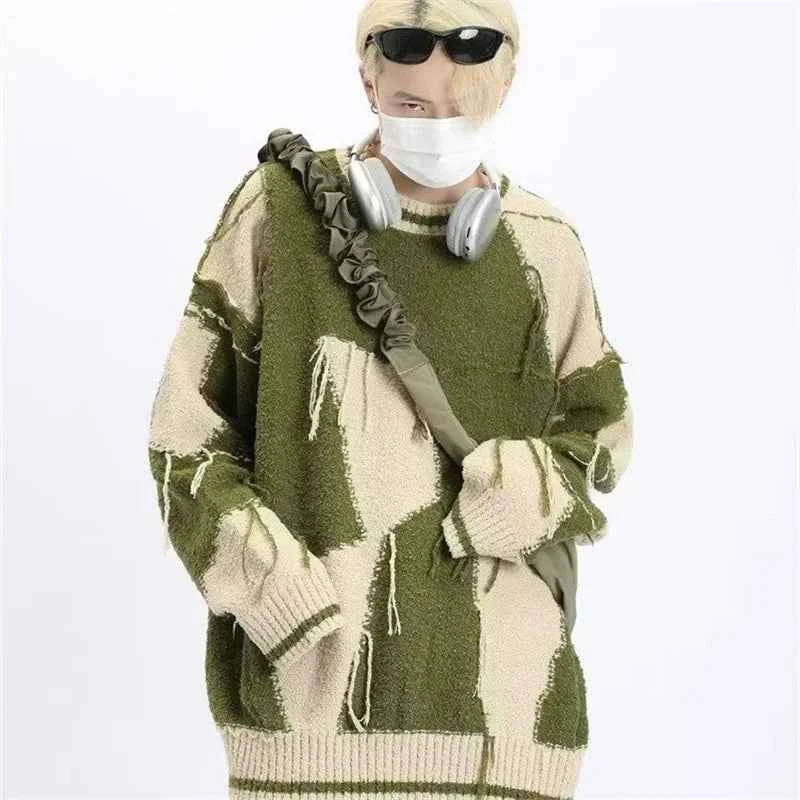 Vintage Green Ripped Tassel Knitted Pullover Sweater