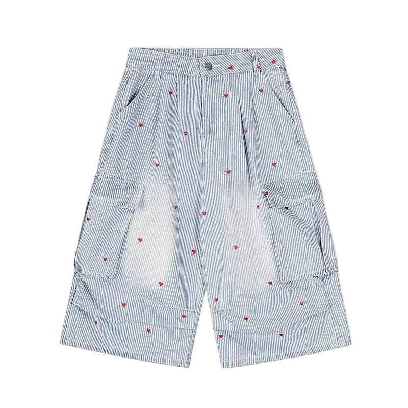 Chic Striped Heart Embroidery Cargo Jorts - Baggy Wide-Leg Denim Shorts