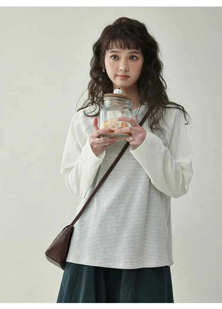 Y2K Japanese Style Patchwork Striped Loose Sweatshirt
