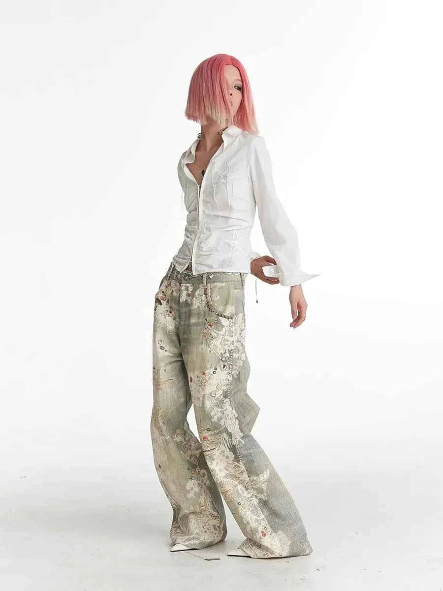 Retro Streetwear Punk Graffiti Print Baggy Jeans