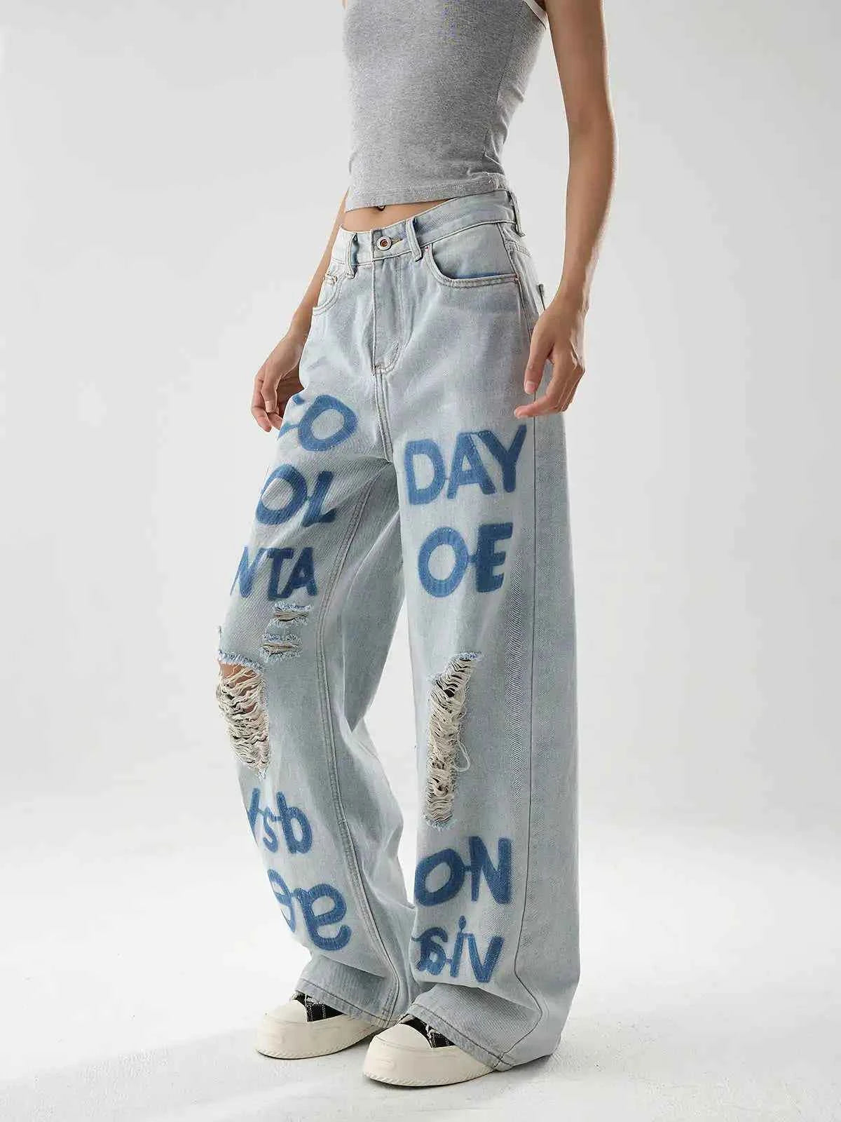 American Style Oversize Ripped Printed Blue Denim Jeans