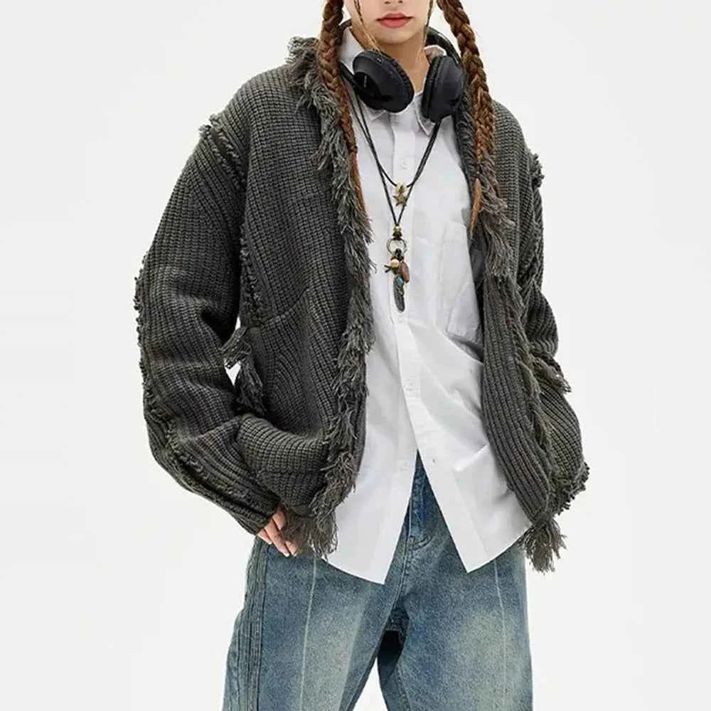 Chic Retro Tassel Ripped Long Sleeve Cardigan