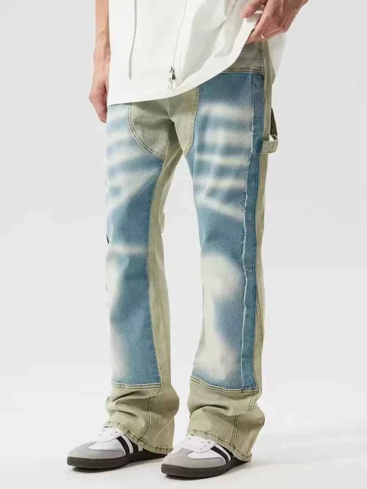 Blue Patchwork Baggy Stacked Wide Leg Flow Jeans