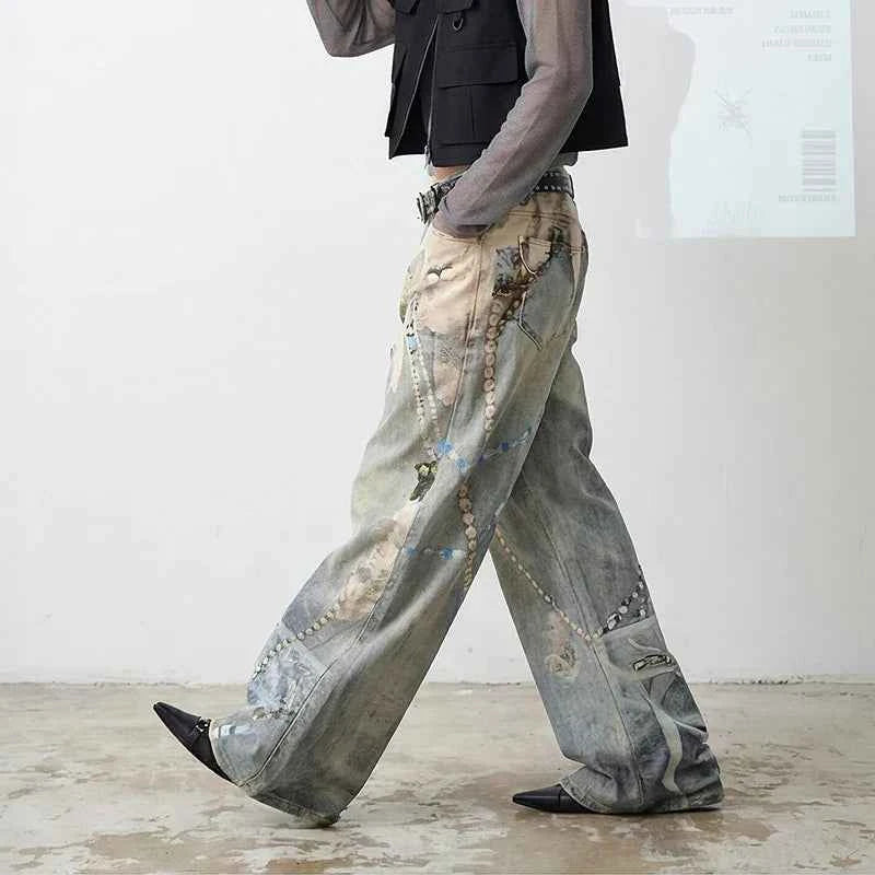 American High Street 3D Print Wide Leg Jeans