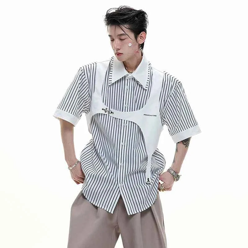 Men Clean Aesthetic Patchwork Short Sleeve Shirt