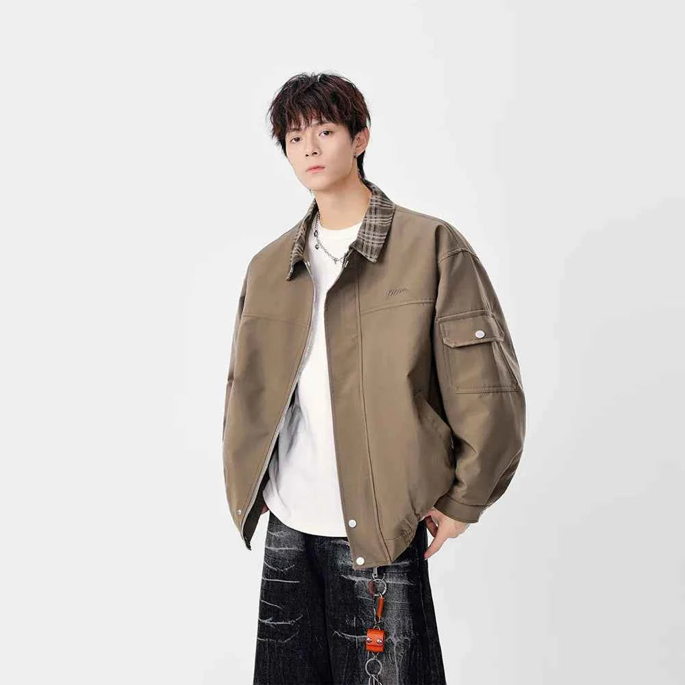 Warm Contrast Plaid Collar Button Up Leather Jacket