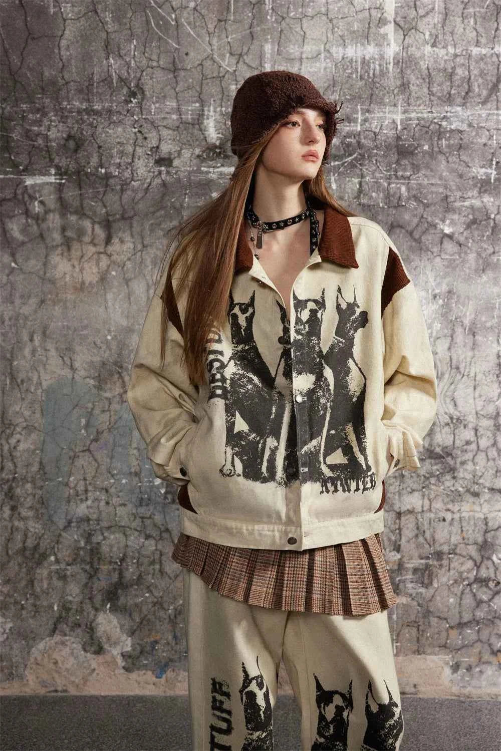 Cozy Distressed Dog Head Graffiti Lapel Jacket