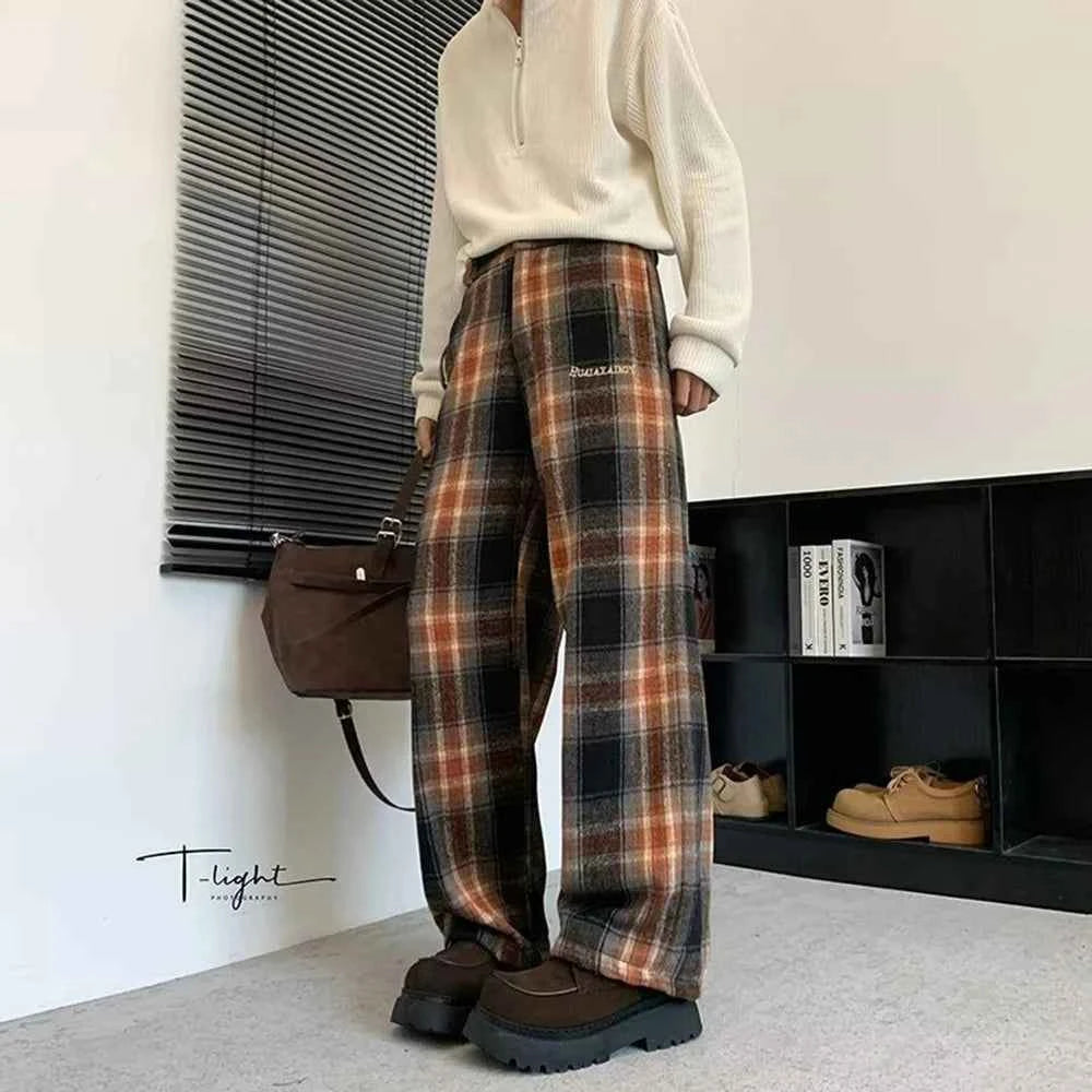 American Style Plaid Drape Straight Leg Pants