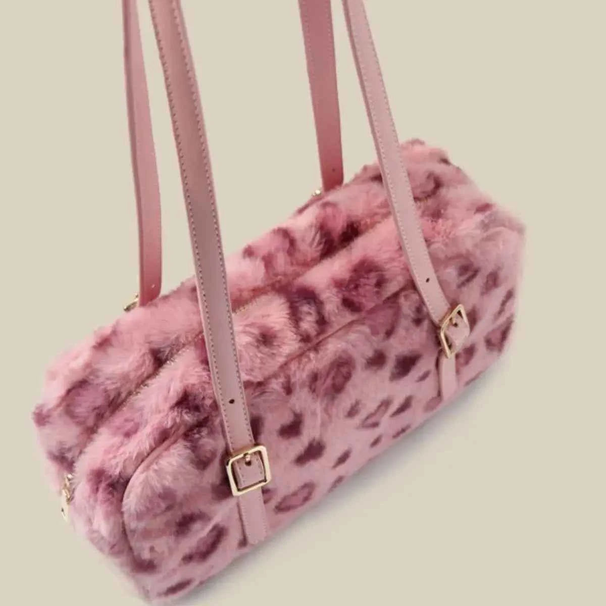 Soft Pink Leopard Print Shoulder Faux Fur Bag