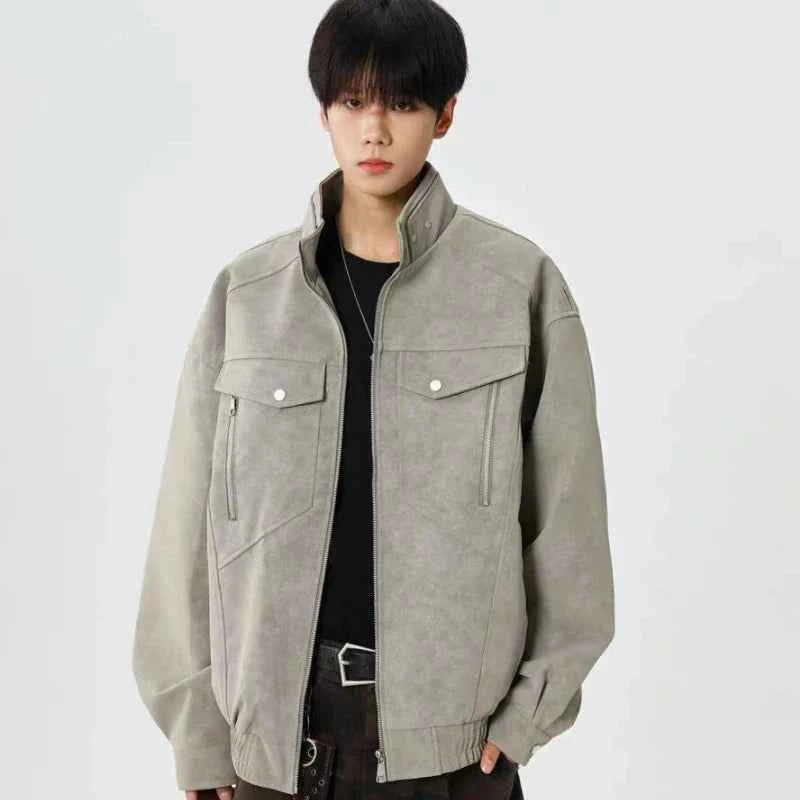 Solid Color Stand Collar Zipper Jacket