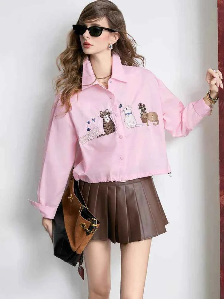 Cute Cat Embroidered Loose Fit Long Sleeve Shirt