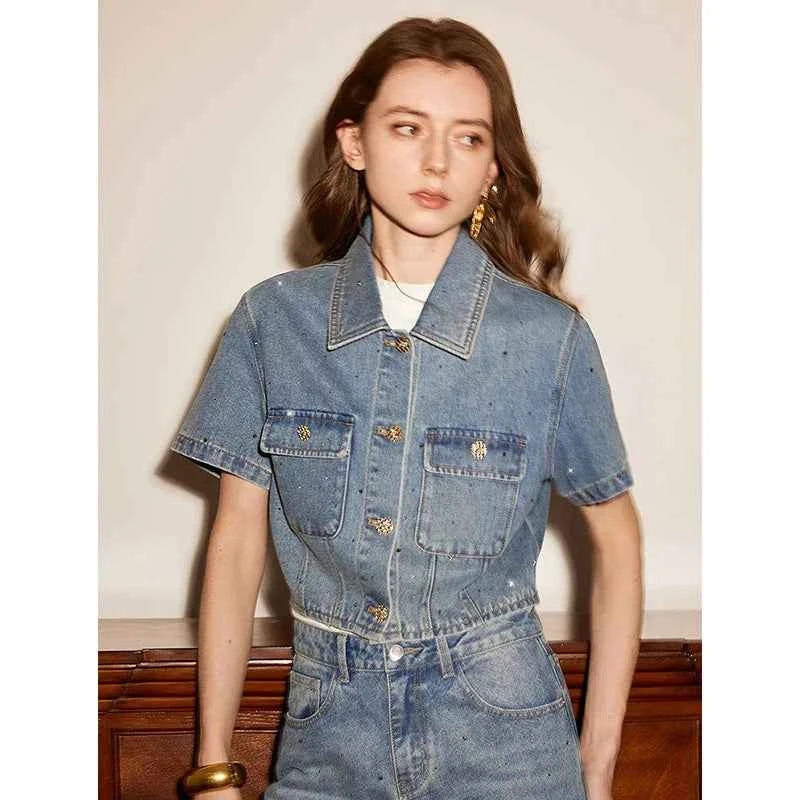 Rhinestone Short Sleeve Denim Jacket