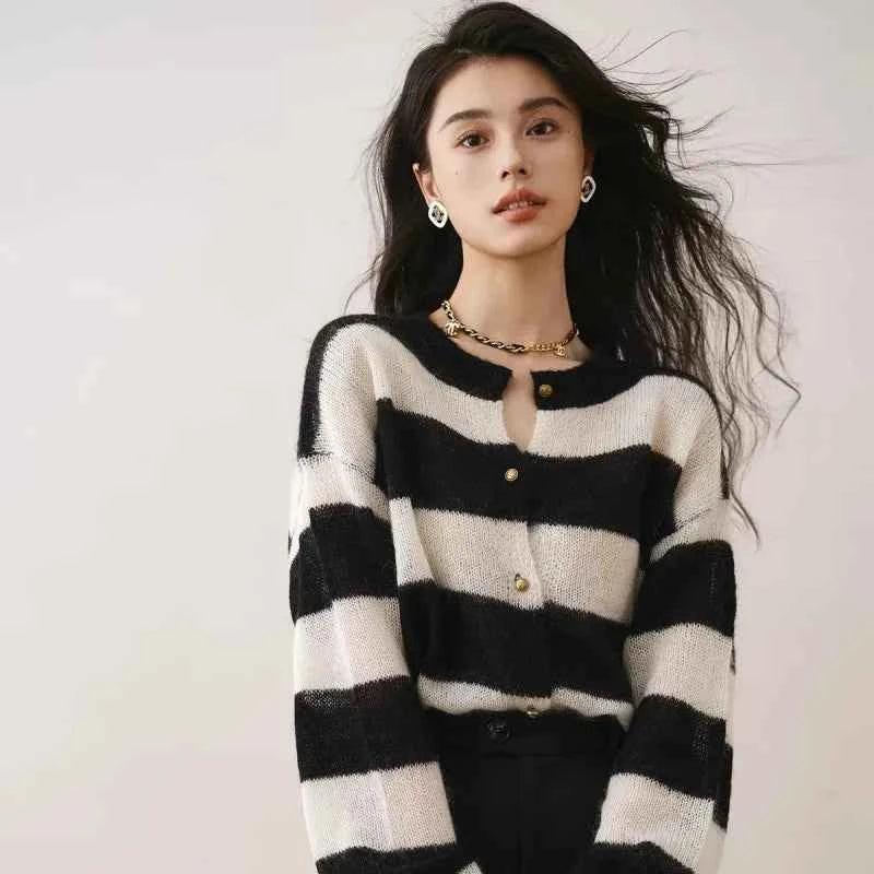 Handesome French Style Striped Spliced Cardigan