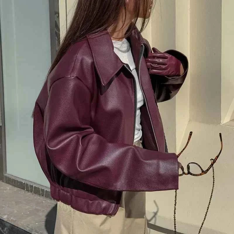 Women Retro Motorcycle Style Red Leather Jacket