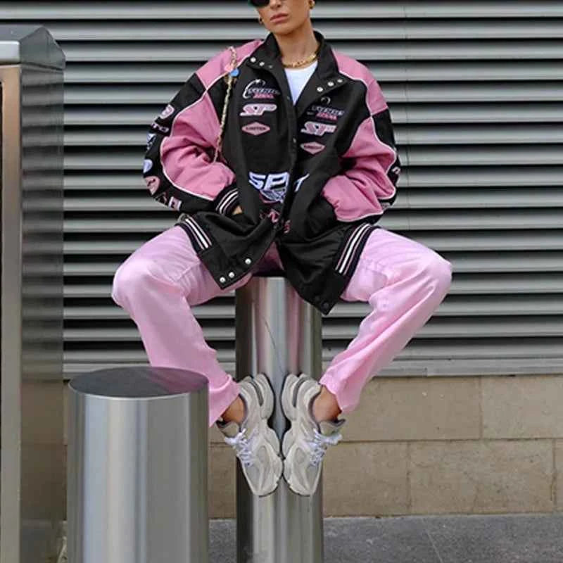 Graphic Modern Pink Patchwork Racer Jacket