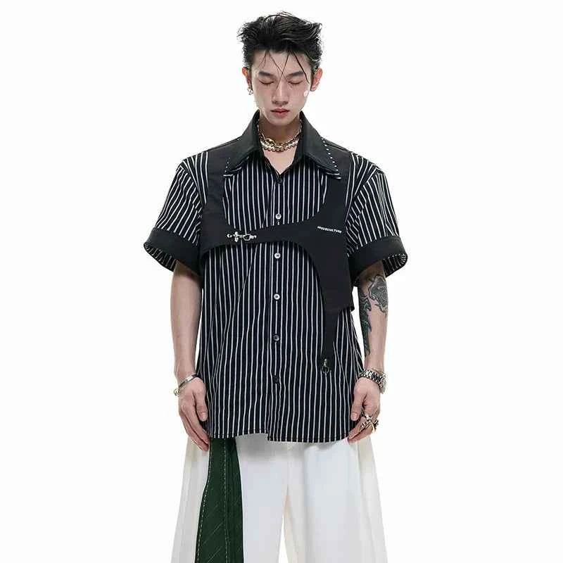 Men Clean Aesthetic Patchwork Short Sleeve Shirt