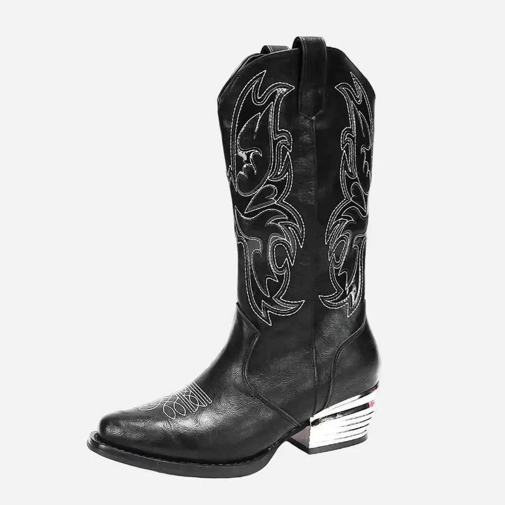 Vintage Black Embroidered Cowboy Zipper Boot