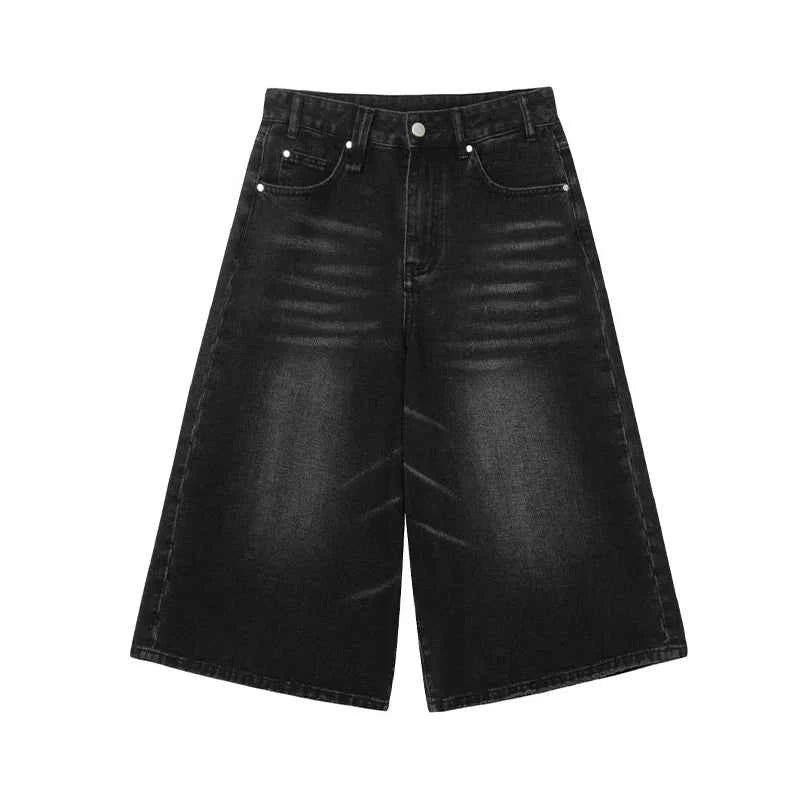 Women Casual Chic Black Wide Leg Denim Jorts