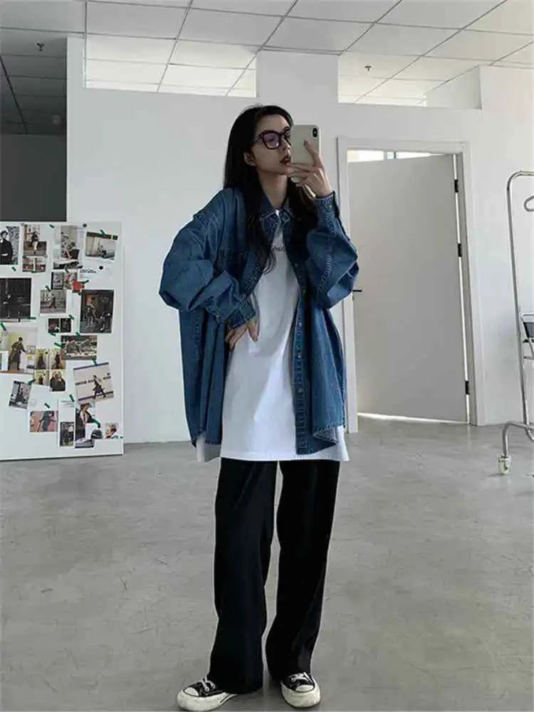 Cozy Niche Loose Retro Deep Blue Denim Shirt